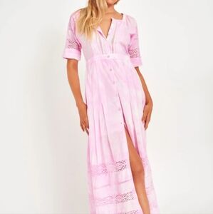 LoveShackFancy Edie Peony Pink Tie Dye Crochet Midi Dress L Cotton Cottagecore